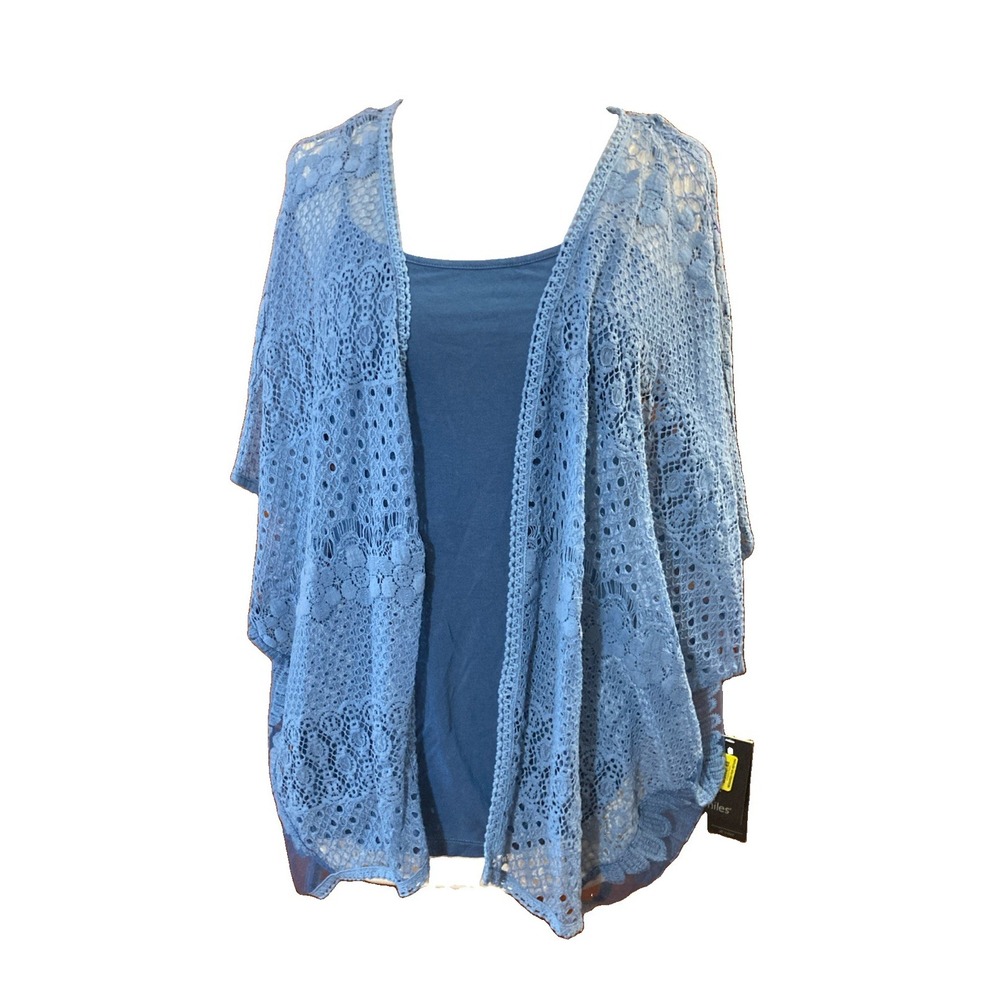Ali Miles 2 pc Tank Set Kimono Sz S New Blue Sheer Lace Gypsy Boho Beach Coastal